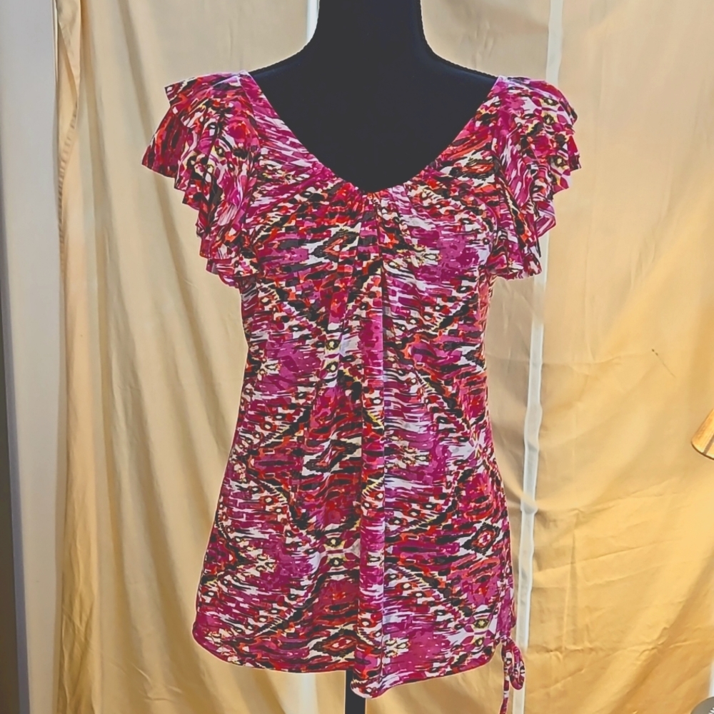 INC International Concepts Abstract Geometric Ruffle V-Neck Blouse Top Small
